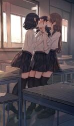 3girls benevole classroom closed_eyes covering_eyes female female_only kissing neck_grab original sailor_collar school_uniform schoolgirl skirt standing sunset teenager thighhighs threesome young yuri