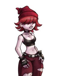 bare_shoulders beanie belt breasts choker cleavage crop_top daltrinador eyes_covered female female_only fingerless_gloves fishnets fully_clothed gloves goth hand_on_hip pants red_hair rocky_(daltrinador) short_hair skindentation tagme tight_clothing voluptuous