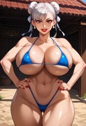 1girls ai_generated arms_on_waist beach_background big_ass big_breasts bikini blue_bikini breast_implants breasts brown_eyes chun-li civitai double_bun earrings fake_breasts fake_tits gigantic_breasts gilf granny grey_hair grin hag happy hips huge_ass huge_breasts huge_hips lipstick looking_at_viewer milf muscles navel solo spiked_bracelet street_fighter thick_thighs unclego veins veiny_breasts white_hair wide_hips