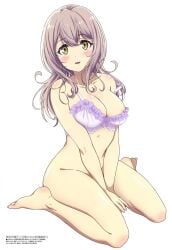 arms_between_legs artist_request ass_visible_through_thighs bare_arms bare_belly bare_legs bare_shoulders bare_thighs barefoot big_breasts blush bottomless bra bra_only breasts cleavage collarbone feet frilled_bra frills isekai_maou_to_shoukan_shoujo_no_dorei_majutsu light_blue_hair long_hair lumachina_weselia megami_magazine no_panties official_art open_mouth purple_bra shiny_skin sitting smile strap_slip thick_thighs thighs toes underwear yellow_eyes