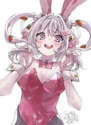 1girls alice_(nikke) alice_(wonderland_bunny)_(nikke) blush breasts bunny_ears bunnysuit cleavage female_only goddess_of_victory:_nikke open_mouth pink_eyes twintails upper_body upper_teeth white_background white_hair