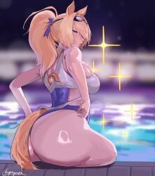 1girl alternate_ass_size_(larger) animal_ears artist_name ass blonde_hair blurry blurry_background breasts chequ_(chequayveon) commentary english_commentary goggles goggles_on_head high_ponytail highres horse_ears horse_girl horse_tail huge_ass large_breasts lips official_alternate_costume ponytail pool poolside sigrid_(zenless_zone_zero) sigrid_de_l'azur solo swimsuit tail two-tone_one-piece_swimsuit zenless_zone_zero