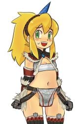 blonde_hair capcom cosplay kirin_(armor) kirin_(monster_hunter) mega_man mega_man(classic) monster_hunter navel roll sweatdrop