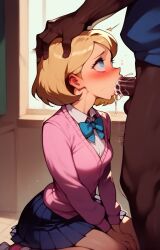 1boy 1girls ai_generated black_pleated_skirt blonde_hair blowjob blue_eyes blush breasts clothing cum cum_dripping cum_in_mouth dark-skinned_male embarrassed fellatio female half_ai hand_on_head hands_on_knees hi_res highres interracial light-skinned_female medium_length_hair oc on_knees oral original original_character petite_body petite_tits pink_cardigan school_uniform schoolgirl sister small_reasts small_tits teacher teacher_and_student xcrystallex