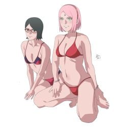 2girls adult adult_and_teenager age_difference aldwelter artist_name barefoot bikini bikini_bottom bikini_top black_eyes black_hair blush bob_cut boruto:_naruto_next_generations breasts cleavage facial_mark feet female female_only forehead_mark glasses green_eyes human kneeling light-skinned_female light_skin long_hair looking_at_viewer mature mature_female midriff milf mother_and_daughter multiple_girls naruto naruto_(series) older_female older_man_and_teenage_girl on_knees paipan pale-skinned_female pale_skin petite petite_body pink_hair pinup sakura_haruno sarada_uchiha shoulder_length_hair small_breasts smile swimsuit teenager watermark white_background younger_female