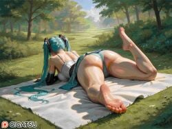 ai_generated aqua_hair barefoot feet female female_only foot_fetish foot_focus from_behind gigatsu hatsune_miku lying lying_on_stomach panties sole_female soles toes vocaloid