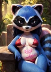 ai_generated animal_ears bikini blue_fur body_fur breasts damnblackfox female forest furry furry_female long_hair looking_at_viewer medium_breasts nature outdoors pubic_tattoo purple_eyes raccoon raccoon_ears raccoon_girl raccoon_tail red_bikini sitting solo stable_diffusion tail