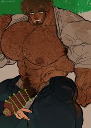 balls bara big_balls big_muscles big_penis blush body_hair clothing facial_hair flaccid male male_only marototori muscles muscular penis penis_out shirt_pulled_behind_neck sweat sweating wet_shirt