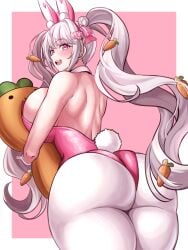 1girls alice_(nikke) alice_(wonderland_bunny)_(nikke) ass ass_focus blush breast_press bunny_ears bunnysuit female_only goddess_of_victory:_nikke huge_ass large_breasts open_mouth pink_eyes sideboob simple_background thick_thighs twintails upper_teeth white_hair wide_hips