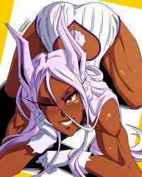 1girls ass_up boku_no_hero_academia bunny_ears bunny_girl bunny_tail dark-skinned_female dark_skin fitiddies gloves long_eyelashes miruko muscular muscular_arms muscular_female muscular_thighs my_hero_academia on_elbows red_eyes rumi_usagiyama smile white_hair wink