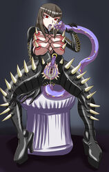 1girls 6_breasts black_hair body_modification bodysuit breasts censored character_request copyright_request corruption cum damu_otoko female high_heels intersex latex long_hair monster_pussy multi_breast open_mouth pointless_censoring pussy red_eyes sitting spikes teeth tongue transformation vagina_dentata what