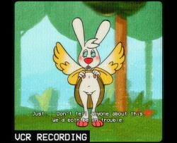 angel_gabby angel_hare anthro blush clothed clothing clothing_lift crt dress dress_lift english_text genitals lagomorph leporid male mammal nipples partially_clothed pussy rabbit solo text the_east_patch unknown_artist vcr vhs