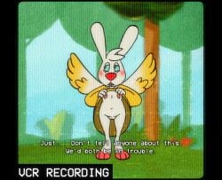 angel_gabby angel_hare anthro blush clothed clothing clothing_lift crt dress dress_lift english_text genitals lagomorph leporid male mammal nipples partially_clothed pussy rabbit snickcola solo text the_east_patch vcr vhs