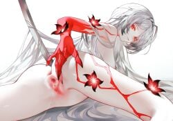 acheron_(honkai:_star_rail) anus ass body_markings breasts closed_mouth colored_extremities commentary_request completely_nude feet_out_of_frame female flower glowing glowing_eyes highres honkai:_star_rail honkai_(series) iumu large_breasts long_hair looking_at_viewer lying nude official_alternate_color on_stomach paid_reward_available planted planted_sword pussy pussy_juice red_eyes red_flower red_hands solo spread_pussy sword very_long_hair weapon white_background white_hair