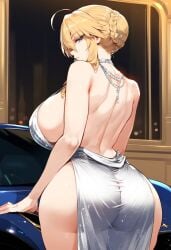 1girls ahoge ai_generated artoria_pendragon artoria_pendragon_(lancer) ass back backboob backless_outfit bangs bare_back bare_shoulders blonde_hair blue_eyes braid braided_bun breasts clothing curvaceous curvaceous_female curvaceous_figure dress fate/grand_order fate_(series) female female_only french_braid from_behind hair_between_eyes hair_bun indoors jewelry large_breasts lips long_hair looking_at_viewer looking_back median_furrow nakatori necklace open-back_dress parted_lips ponytail revealing_clothes shiny shiny_hair shiny_skin shoulder_blades sideboob sidelocks single_hair_bun solo stairs standing thighs tied_hair voluptuous voluptuous_female white_dress wide_hips