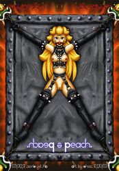 00s 2000s 2003 ball_gag blonde_hair bondage bound_ankles bound_wrists breasts chains collar color exposed_breasts female female_only gag gagged hair helpless human leather long_hair mario_(series) nintendo nipples photoshop princess_peach pussy restrained shaxbert smooth_skin solo super_mario_bros.