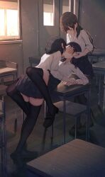 3girls benevole classroom closed_eyes covered_eyes female female_only holding_hands holding_head imminent_sex kissing lying on_table original restrained sailor_collar sandwiched school_uniform schoolgirl skirt spread_legs sunset table_sex teenager thick_ass threesome young yuri