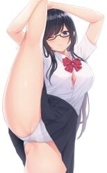 arms_up bad_id bad_pixiv_id black-framed_eyewear black_hair black_skirt blue_eyes blush bow bowtie breasts button_gap cameltoe cleavage closed_mouth collared_shirt commentary_request commission cowboy_shot diagonal-striped_bow diagonal-striped_bowtie diagonal-striped_clothes diagonal-striped_neckwear dress_shirt female floral_print glasses hicha_nomu highres large_breasts long_hair looking_at_viewer miniskirt one_eye_closed original panties pleated_skirt print_panties red_bow red_bowtie school_uniform semi-rimless_eyewear shirt shirt_tucked_in short_sleeves sidelocks simple_background skeb_commission skirt solo split standing standing_on_one_leg standing_split striped_bow striped_bowtie striped_clothes striped_neckwear under-rim_eyewear underwear white_background white_panties white_shirt