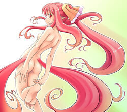 1girls barefoot blush feet female flat_chest from_behind garnet_(shukufuku_no_campanella) long_hair looking_back multi_tail nana_ashi nipples nude pink_hair pointy_ears ponytail red_eyes red_hair ribbon shukufuku_no_campanella solo tail tied_hair very_long_hair