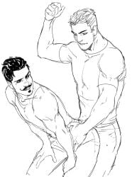 2boys ass_cleavage bara beard_stubble beauty_mark biceps black_and_white black_hair clothed clothed_male clothing colorless dark_hair dorian_pavus dragon_age dragon_age_inquisition duo facial_hair frottage frottage_through_clothing gay gay_male holding_partner human light_hair looking_at_another looking_at_partner mage male male/male male_only mole monochrome moustache moustache muscular muscular_male pecs sdkay seductive_look seductive_smile smile smiling standing standing_position stubble tight_clothing tight_pants unknown_character video_games yaoi