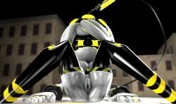 1girls 3d blurry_background gray_hair grey_skin mr_moles_34 murder_drones robot sitting source_filmmaker v_(murder_drones) vagina visible_pussy yellow_eyes