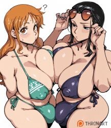 2futas adjusting_sunglasses ai_generated bikini black_hair breast_press bulge cleavage confused covered_nipples futa_only futanari hair_slicked_back highleg_bikini huge_ass huge_breasts huge_bulge long_sidelocks looking_at_viewer looking_down nail_polish nami_(one_piece) nervous nico_robin one_piece orange_eyes orange_hair plump side-tie_bikini spoken_question_mark sunglasses_on_head thick_thighs thronart wide_hips