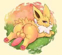 balls eeveelution feral fluffy fluffydasher game_freak generation_1_pokemon genitals jolteon knot male nintendo paws pokemon pokemon_(species) rear_view smile smiling_at_viewer smirk smirking_at_viewer solo