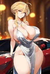 ahoge ai_generated arm_support artist_name artoria_pendragon artoria_pendragon_(lancer) backless_outfit bangs bare_shoulders beads blonde_hair blue_eyes blue_nails blush bracelet braid breasts car clavicle cleavage closed_mouth clothing cosplay curvaceous_female curvaceous_figure dress earrings evening_gown eyebrows_visible_through_hair fate/grand_order fate_(series) female female_focus female_only french_braid green_eyes ground_vehicle hair_between_eyes hair_bun halterneck hip_focus huge_breasts jewelry large_breasts long_hair looking_at_viewer motor_vehicle nail_polish nakatori necklace on_vehicle pelvic_curtain plunging_neckline ponytail revealing_clothes sidelocks silver_dress smile solo swept_bangs thighs tied_hair vehicle voluptuous voluptuous_female wide_hips