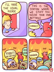 2024 2_horns 3:4 4_panel_comic ass blonde_hair curved_horn demon english_text extra_fabulous_comics group hair hi_res horn human humanoid mammal nightmare_fuel red_body speech_bubble text zach_m._stafford