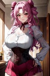 ai_generated big_breasts corset curvaceous curvy_female hair_bun huge_breasts large_breasts lastone light-skinned_female light_skin long_hair looking_at_viewer pink_eyes pink_hair see-through_clothing seikon_no_qwaser solo_female tsujidou_miyuri voluptuous voluptuous_female