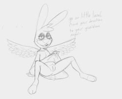 angel_gabby angel_hare anthro anus clothed clothing clothing_lift dress dress_lift female genitals imminent_sex lagomorph leporid mammal monochrome partially_clothed pussy rabbit simple_background solo the_east_patch unknown_artist