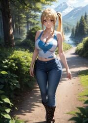 ai_generated big_breasts blonde_female blonde_hair crop_top fairy_tail hiking jeans lucy_heartfilia nature_background nero100 outdoors