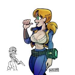 belt blonde_hair bra breasts cleavage daltrinador fallout green_eyes jacket pants pip-boy pointing ponytail sketch smile tagme thick_thighs voluptuous