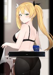 absurdres artist_name black_bra black_panties black_pantyhose black_ribbon blonde_hair blurry blurry_background bra commentary cowboy_shot dokibird female frown goddess_of_victory:_nikke green_eyes hair_ribbon highres holding holding_clothes holding_panties holding_underwear indie_virtual_youtuber laundry laundry_basket lendivere light_particles looking_at_viewer panties panties_under_pantyhose pantyhose ribbon solo standing symbol-only_commentary twintails twitter_username underwear undressing unworn_panties virtual_youtuber washing_machine white_panties white_ribbon wholesome