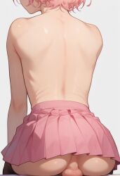 1boy ai_generated ass ass_focus ass_peek ball_tuft balls balls_under_clothes ballsack crossdressing facing_away femboy from_behind light-skinned_male light_skin pink_hair pink_skirt presenting sitting skirt skirt_lift skirt_up thighhighs trap verybadboye waist