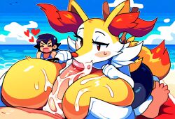 ai_generated anthro beach big_breasts blush bodily_fluids braixen breast_play breasts canid canine clothing cum cum_in_mouth cum_inside cum_on_breasts duo erection fellatio female generation_6_pokemon genital_fluids genitals heart hellsonger hi_res huge_breasts human human_on_anthro inner_ear_fluff interspecies male male/female male_on_anthro mammal nikkibunn nintendo oral outside paizuri penile penis penis_lick pokemon pokemon_(species) pokephilia red_eyes sand sea seaside sex sex_on_the_beach sky sweat swimwear titfuck titfuck_under_clothes titjob water yellow_body