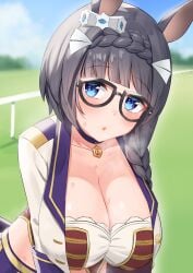 1girls animal_ears black_hair blue_eyes braid braided_hair breasts fafafafafactory female hair_ornament horse_girl huge_breasts large_breasts single_braid solo umamusume umamusume_pretty_derby zenno_rob_roy_(umamusume)