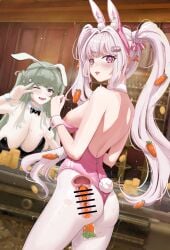 2girls alice_(nikke) alice_(wonderland_bunny)_(nikke) ass breasts bunny_ears bunnysuit cleavage female female_only fully_clothed goddess_of_victory:_nikke green_hair large_breasts long_hair multiple_girls nipple_slip nipples object_insertion one_eye_closed open_mouth pink_eyes purple_eyes revealing_clothes saliva saliva_trail soda_(nikke) soda_(twinkling_bunny)_(nikke) tongue_out twintails upper_teeth white_hair x-ray