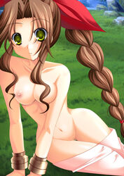 aerith_gainsborough artist_request bracelet braid breasts brown_hair censored female female_only final_fantasy final_fantasy_vii grass green_eyes human jewelry long_hair nipples nude red_ribbon ribbon single_braid sitting smooth_skin solo