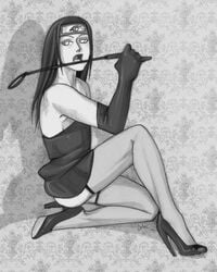 crossdressing daevakun femboy gloves high_heels human hyuuga_neji lingerie long_hair male male_only monochrome naruto riding_crop shoes solo straight_hair thighhighs underwear