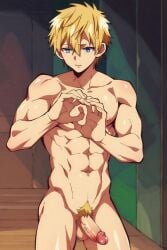 ai_generated balls blue_eyes gay jibaku_shounen_hanako-kun male male_only noahai penis tagme teru_minamoto yaoi yellow_hair