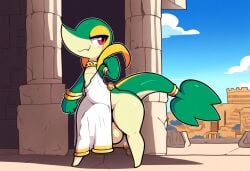 ai_generated anthro balls big_balls blush bracelet bulge clothed clothing detailed_background femboy generation_5_pokemon genitals girly green_body hellsonger hi_res jewelry lizard male nintendo outside pokemon pokemon_(species) red_eyes reptile scalie short_stack smile snivy solo thick_thighs toga wide_hips