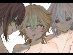 3boys aether_(genshin_impact) bishounen bite_mark boy_sandwich brown_hair close-up commentary_request genshin_impact green_eyes group_sex hair_between_eyes heart heart-shaped_pupils kaedehara_kazuha kawawawawa looking_at_viewer male_focus mmm_threesome multicolored_hair multiple_boys sandwiched shikanoin_heizou simple_background sweat symbol-shaped_pupils teeth threesome upper_body white_background yaoi