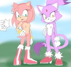 2girls amy_rose angelofhapiness blaze_the_cat boobs boots breasts casual_exposure casual_nudity clothing dialogue dipstick_tail duo eulipotyphlan felid feline female female_only footwear forehead_gem fur gem genitals girls girls_only gloves green_eyes handwear hedgehog hi_res mammal markings naked nipples nude nudity only_female pink_body pink_fur public public_nudity purple_body purple_fur pussy sega sonic_(series) sonic_the_hedgehog_(series) tail tail_markings vagina white_body white_fur yellow_eyes