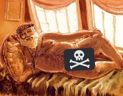 1boy 1male bara bara_tiddies bara_tits barazoku beard bed censored emoji_censor fang_(our_flag_means_death) hairy hairy_male hand_on_knee headband kelly6ridge male_only moobs necklace nude our_flag_means_death pirate pirate_flag seductive_pose tasteful_nudity white_beard white_hair window_light