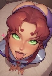 1girls ai_generated all_fours blushing_at_partner dc dc_comics dc_super_hero_girls female female_focus female_only forehead_mark green_eyes heart-shaped_pupils open_mouth pov_eye_contact red_hair solo starfire tongue_out
