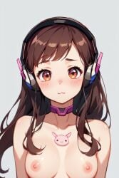 1girls :3 adorable ai ai_generated blizzard_entertainment breasts brown_hair cute d.va headphones headset looking_at_viewer naked naked_female nipples nude nude_female one_color_background overwatch overwatch_2