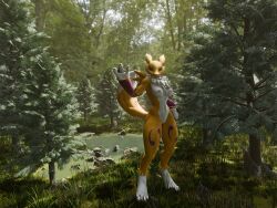 3d_(artwork) absurd_res anthro bandai_namco black_sclera blender_(artwork) blender_eevee blue_eyes breasts clothing digimon digimon_(species) digital_media_(artwork) dipstick_tail female forest fur furry genitals gesture handwear hi_res lake looking_at_viewer markings piipperi plant purple_clothing purple_handwear pussy renamon solo standing tail tail_markings tree waving waving_at_viewer white_body white_fur white_tail_tip yellow_body yellow_fur yellow_tail