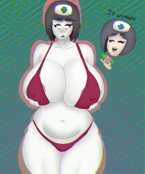 absurdres bikini black_hair blush breasts chromatic_aberration cleavage closed_eyes colored_skin covered_nipples curvy expansion female hat hi_res huge_breasts implied_expansion implied_transformation mona_(doctorloops) navel nurse_cap pale_skin plump rogue_(artist) self_upload short_hair swimsuit thick_thighs thighs veronica_(doctorloops) white_skin