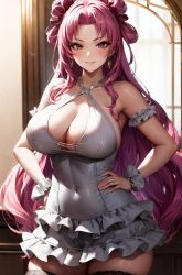 ai_generated big_breasts curvaceous curvy_female hair_bun huge_breasts large_breasts lastone light-skinned_female light_skin long_hair looking_at_viewer pink_eyes pink_hair seikon_no_qwaser solo_female tsujidou_miyuri voluptuous voluptuous_female